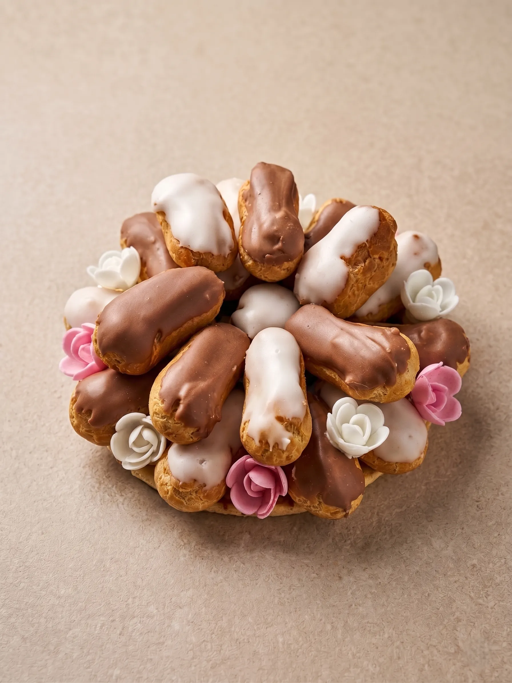 La Caroline : base de pâte sablée, crème à la vanille de Madagascar et assortiment de mini éclairs